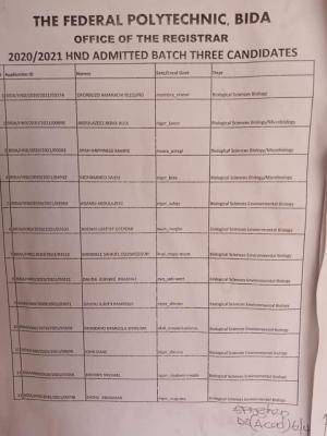 Fed Poly, Bida HND 3rd batch admission list, 2020/2021