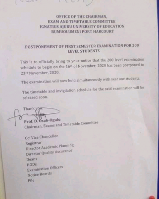 IAUE notice on postponment of 200 Level semester examination