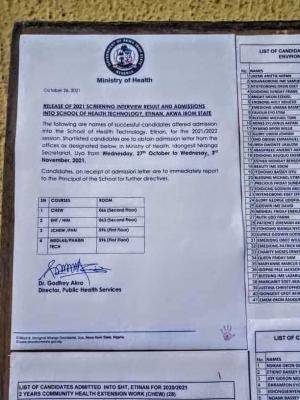 Akwa Ibom State School of Health Technology, Etinan admission list, 2021/2022