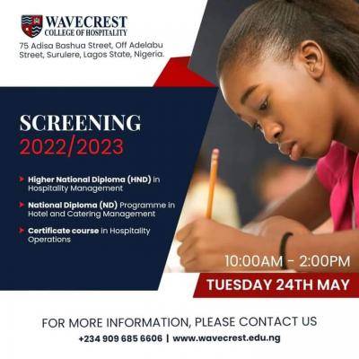 Wavecrest College of Hospitality Admission Screening Exercise, 2022/2023