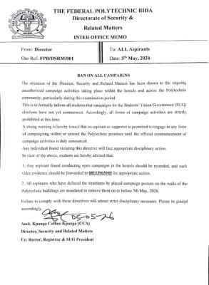 Federal Polytechnic, Bida issues ban on all campaign activities