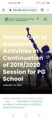 FUTO notice on postgraduate resumption for continuation of 2019/2020 session