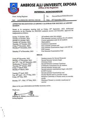 AAU readjusted academic calendar, 2022/2023