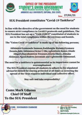 AAU SUG constitutes COVID-19 task force