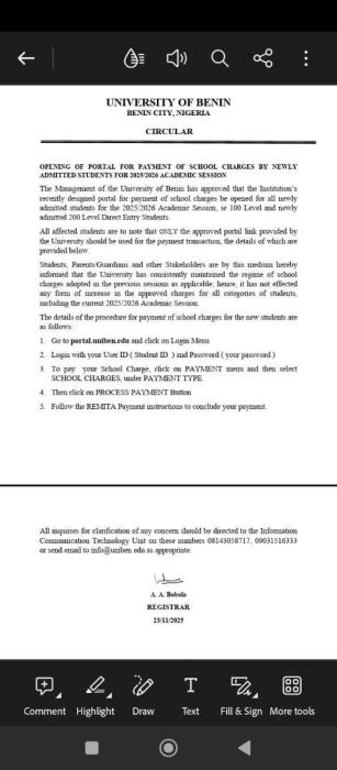 UNIBEN opens portal for payment of school charges for newly admitted students, 2025/2026