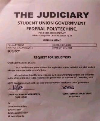 Federal Poly Idah notice to students on application for the post of solicitor