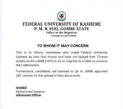 FUKASHERE important notice to candidates yet to upload their O'level result on JAMB CAPS