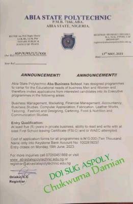 Abia Poly announces admission into its Business School