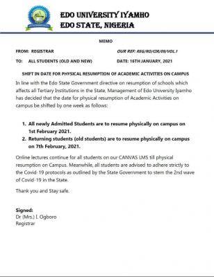 Edo State University reschedules physical resumption date