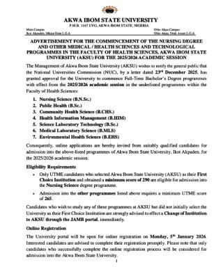 AKSU announces Nursing Health Sciences admission, 2025/26