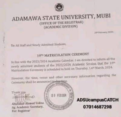 ADSU notice of 19th matriculation ceremony