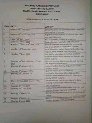 Waziri Umaru Federal Polytechnic Kebbi resumption and revised academic calendar for 2019/2020