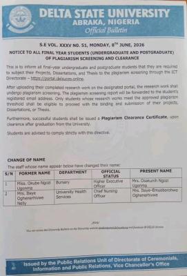DELSU notice to Final Year students on Plagiarism Screening and Clearance