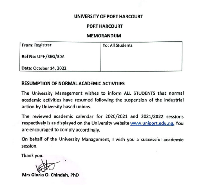 UNIPORT announces resumption of academic activities