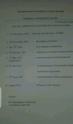 Federal University, Dutse IJMB calendar for 2020/2021 session