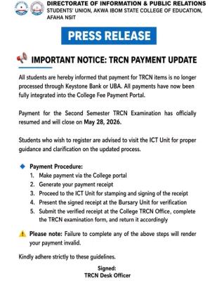 Akwa Ibom State COE, Afaha-Nsit SUG update on TRCN payment to students