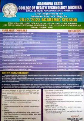 Adamawa State College of Health Technology admission, 2022/2023