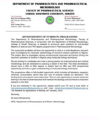 UDUSOK Department of Pharmaceutics & Pharmaceutical Microbiology Advert for funded Postgraduate programmes