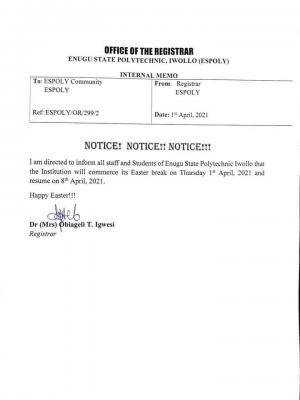 Enugu State Polytechnic resumption date from Easter break