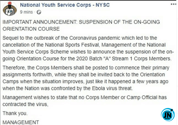 CONVID-19: NYSC Abruptly Suspends Orientation Camp Activities
