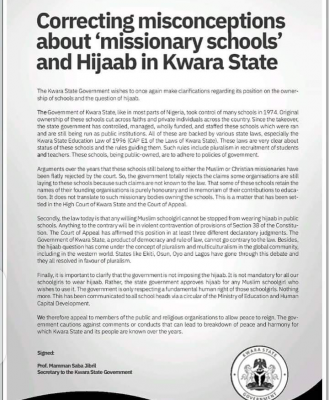 Kwara State issues statement concerning misconceptions about 'missionary schools' and Hijaab