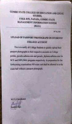 Gombe State COE notice on upload of passport photograph on Students' College Account