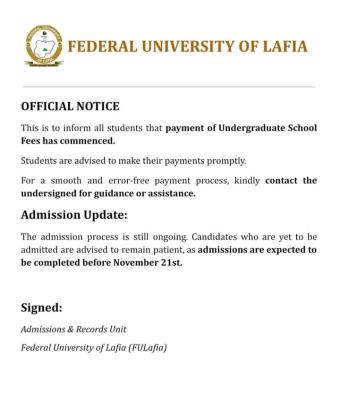 FULAFIA announces commencement of undergraduates school fees payment