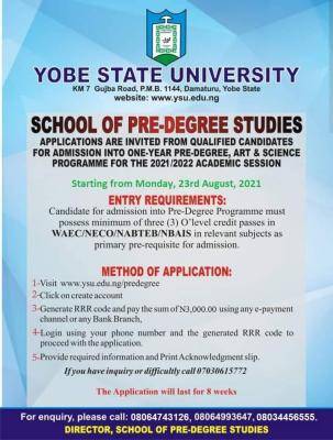 Yobe State University Pre-degree admission for 2021/2022 session