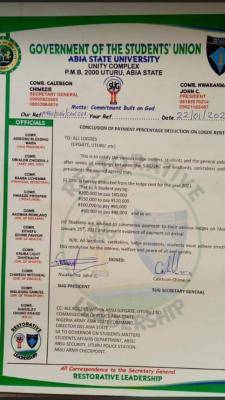 ABSU SUG notice to students on reduction of rent