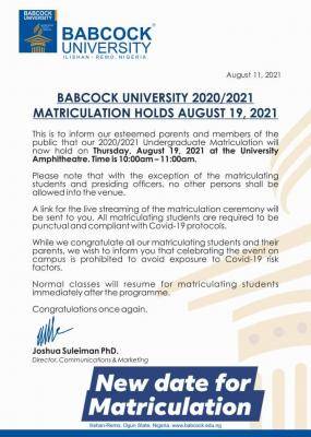 Babcock University matriculation ceremony, 2020/2021