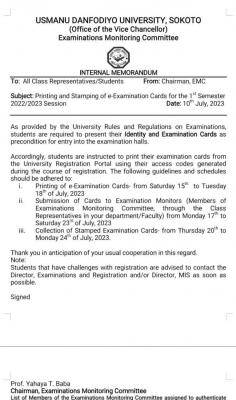 UDUS notice on printing & stamping of e-Examination Cards for 1st semester, 2022/2023