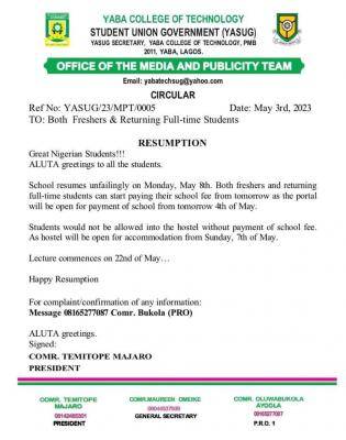 YABATECH SUG notice on resumption of new and returning full time students