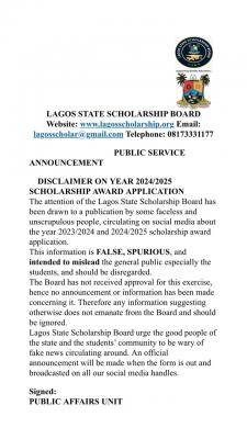 Lagos State Scholarship Board disclaimer notice on award application for 2024/2025 year