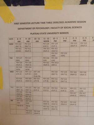 PLASU First Semester Lectures Timetable, 2020/2021