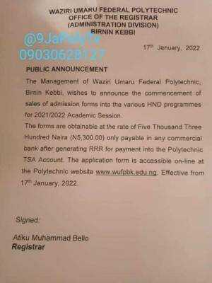 Waziri Umaru Federal Polytechnic HND admission form for 2021/2022 session