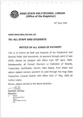 Kogi State Poly notice on official payment channel
