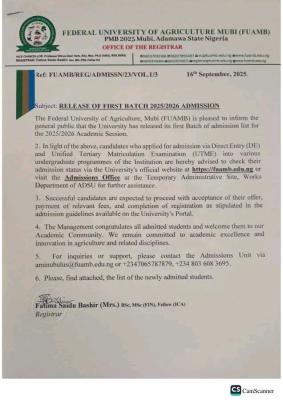 FUAMB releases 1st batch admission list, 2025/2026