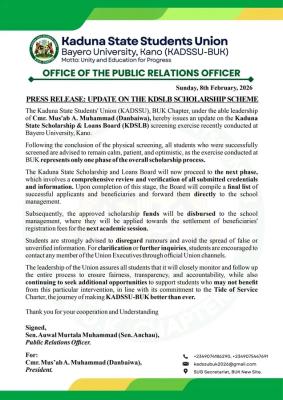 BUK update on Kaduna State Scholarship Scheme.