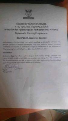 ATBUTH School of Nursing National Diploma admission, 2023/2024