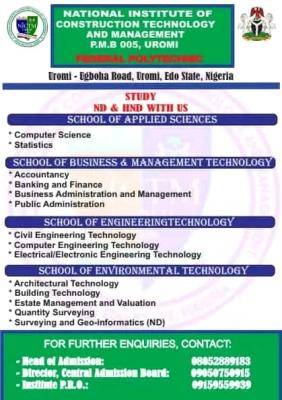 National Institution of Construction Technology and Management, Uromi Admission forms, 2023/2024