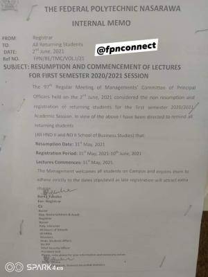 Fed Poly Nasarawa notice on 1st semester resumption, 2020/2021