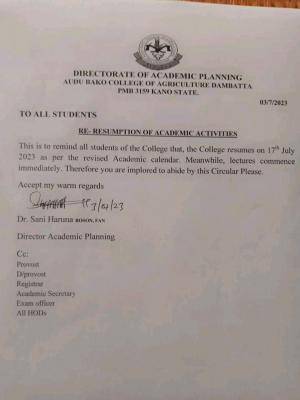 Audu Bako College of Agriculture, Dambatta notice of resumption