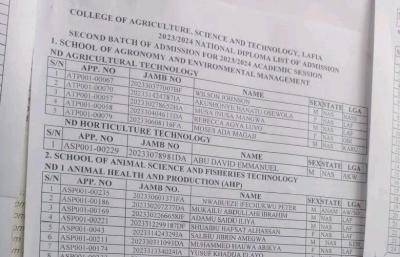 College of Agriculture, Science & Tech. Lafia 2nd Batch Admission List 2023/2024 is out