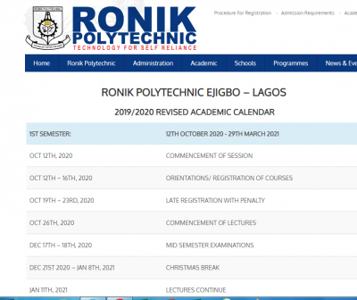 Ronik Polytechnic Ejigbo revised academic calendar for 2019/2020 session