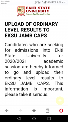 EkSU notice to 2020 Post-UTME candidates on uploading of results