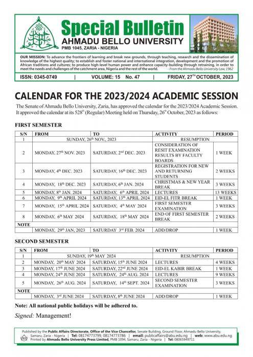ABU Zaria releases academic calendar for 2023/2024 academic session
