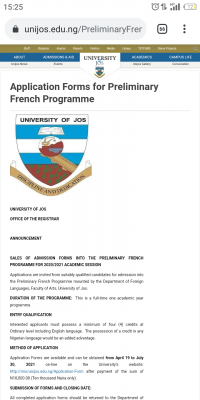 UNIJOS sales of admission forms into the preliminary French programme, 2020/2021