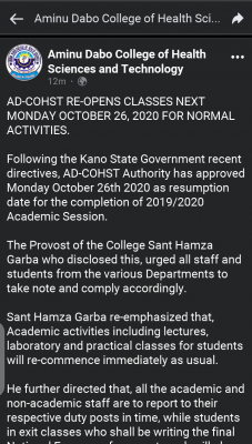 AD-COHST resumes academic activities October 26th