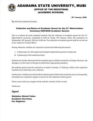 ADSU notice on collection of gown for the 21st matriculation ceremony
