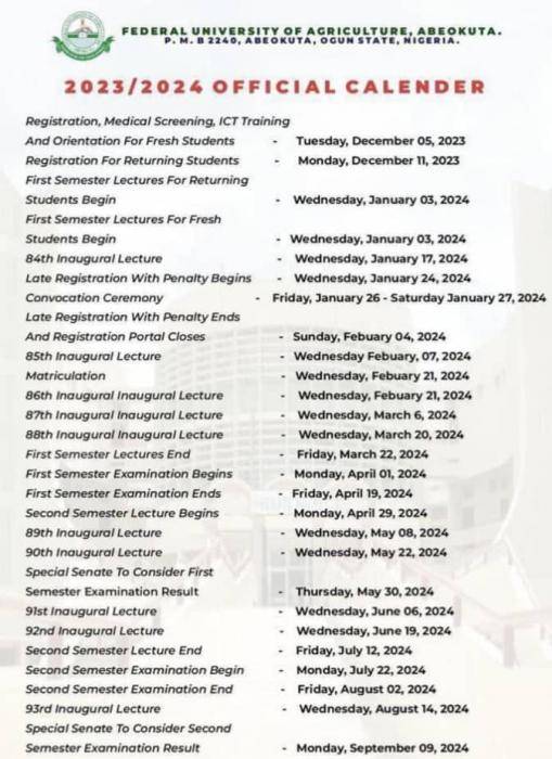 FUNAAB Academic Calendar 2023/2024 Academic Session